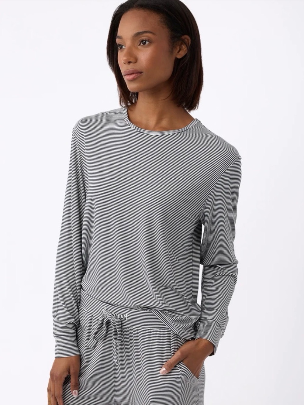 Cozy Earth Bamboo Stretch-Knit Long Sleeve Tee - black mini stripe - Size Med